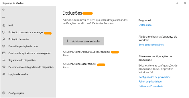 Não monitorar arquivos no Windows Defender